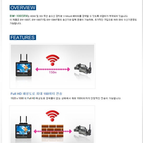 본 모니터 BW-100SRV 수신기 /HDMI Out/HD/SD-SDI/3G/V-mount 배터리