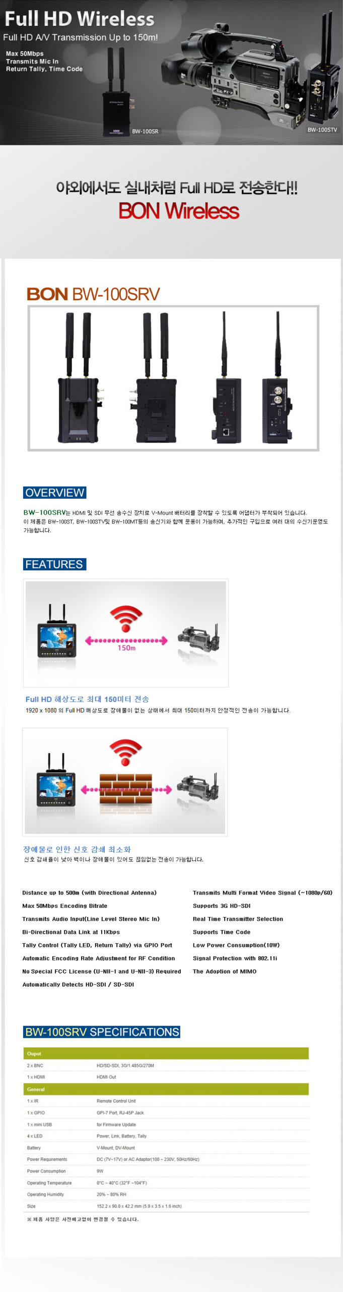 본 모니터 BW-100SRV 수신기 /HDMI Out/HD/SD-SDI/3G/V-mount 배터리